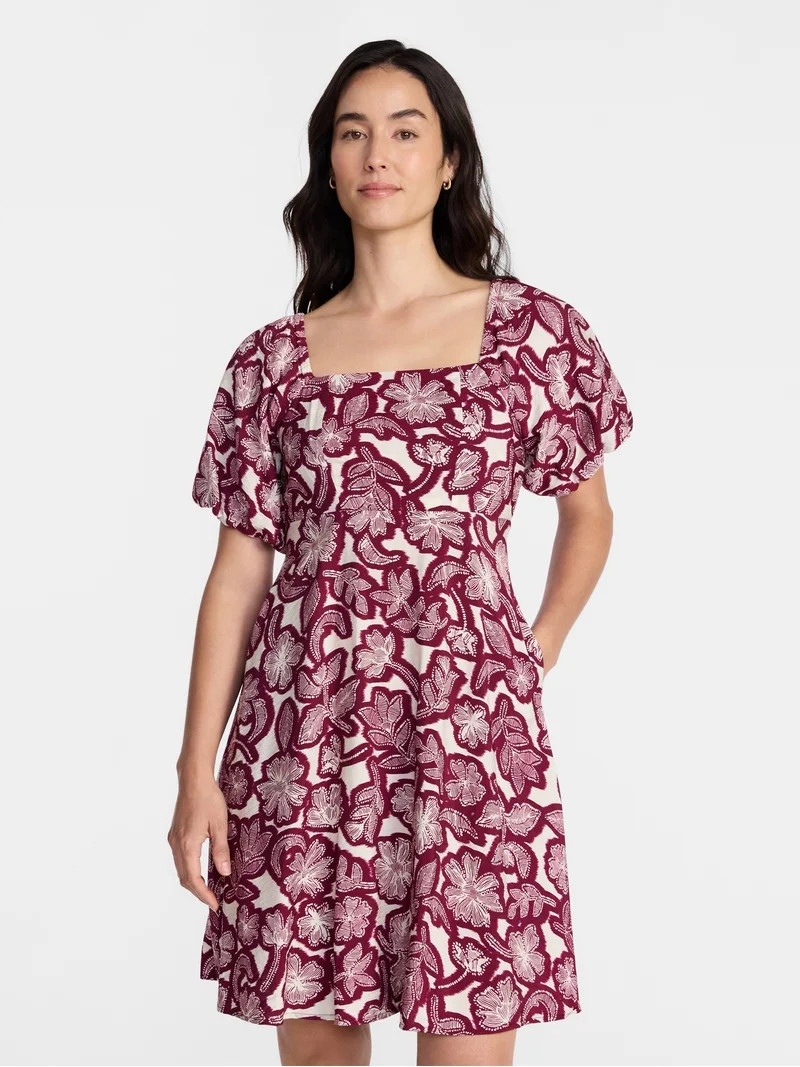Time and Tru Women's Airflow Mini Dress with Puff Sleeves, Sizes XS-XXXL | Walmart (US)
