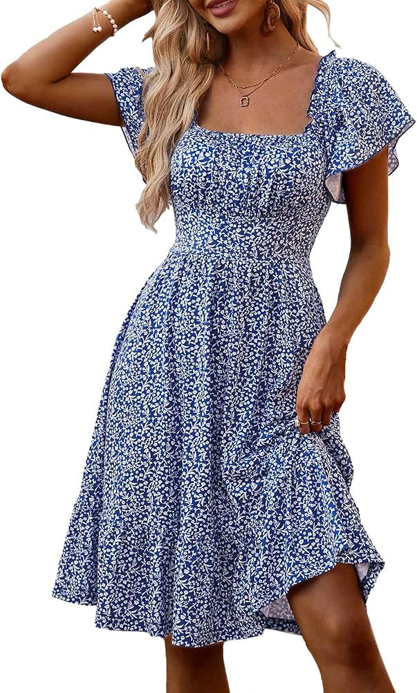 TORARY Cute Summer Dresses for Women 2024 Flutter Sleeve Square Neck Casual Spring Sundresses | Amazon (US)