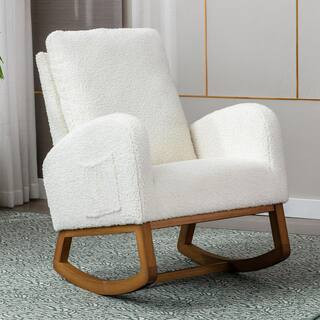 HOMEFUN Modern White Teddy Solid Wood Rocking Arm Chair with Rubber Pad and Side Pocket HFHDSN-91... | The Home Depot