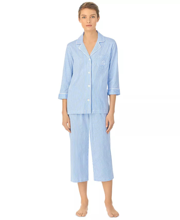 Womens 3/4 Sleeve Cotton Notch Collar Capri Pant Pajama Set | Macy's