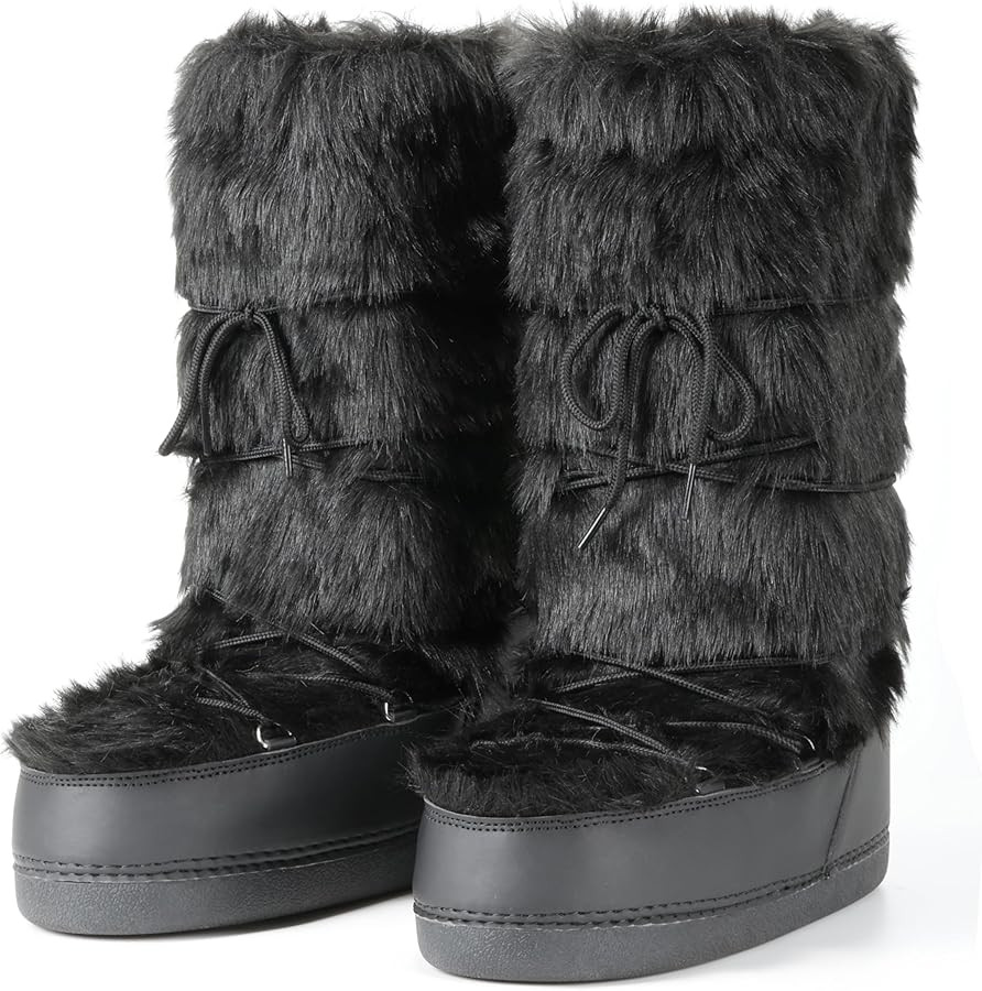 IXU Women's Faux Fur Boots Furry Snow Boots for Women Mid Calf Winter Boots Black White Brown Gre... | Amazon (US)