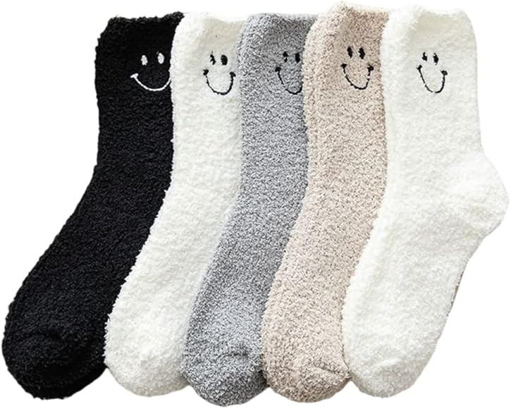 5 Pairs Cute Smiley Face Fuzzy Socks for Women Warm and Cozy Winter Socks Solid Color Soft Cabin ... | Amazon (US)