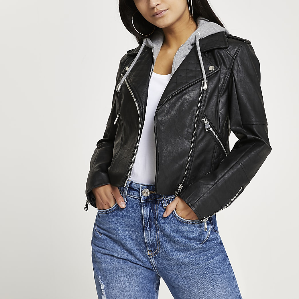 Petite black faux leather hoodie biker jacket | River Island (UK & IE)