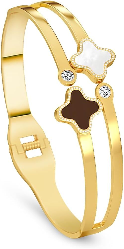 GFEEL 14K Gold Plated Bangle Bracelet, Leaf Clover Gold Bangle Bracelet for Women Black and White... | Amazon (US)