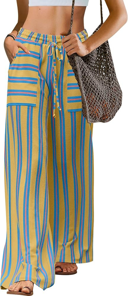LAMISSCHE Womens Oversized Striped Wide Leg Pants High Waisted Lounge Pants with Pockets Beach Tr... | Amazon (US)