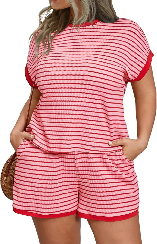 Womens 2 Piece Plus Size Striped Lounge Shorts Set Summer Outfits | Amazon (US)