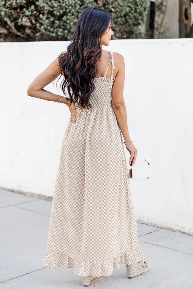 All Good Things Taupe Checkered Maxi Dress FINAL SALE | Pink Lily