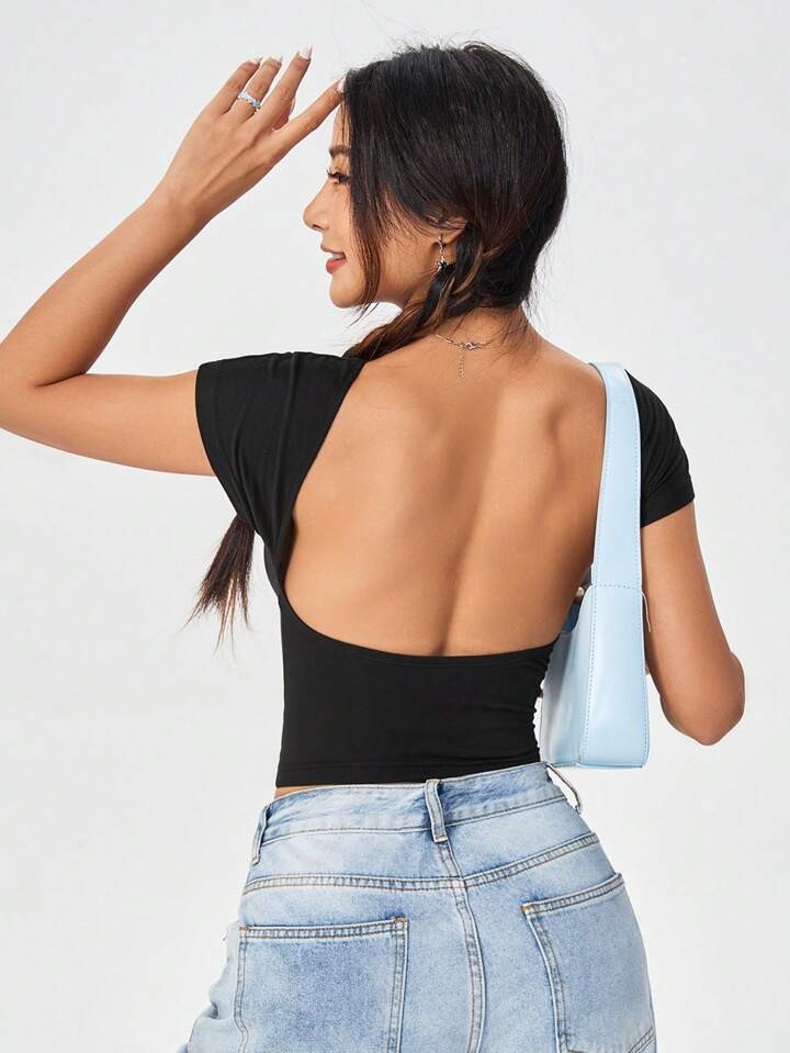 SHEIN MOD Sexy Casual Minimalist Solid Color Off Shoulder Short Sleeve Backless Fitted Women T-Shirts, Suitable For Summer | SHEIN