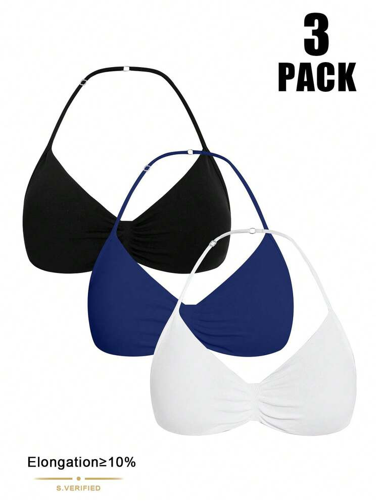 Easithlete 3pcs Women's Solid Color Halter Neck Ruched Casual Comfortable Sports Bras | SHEIN