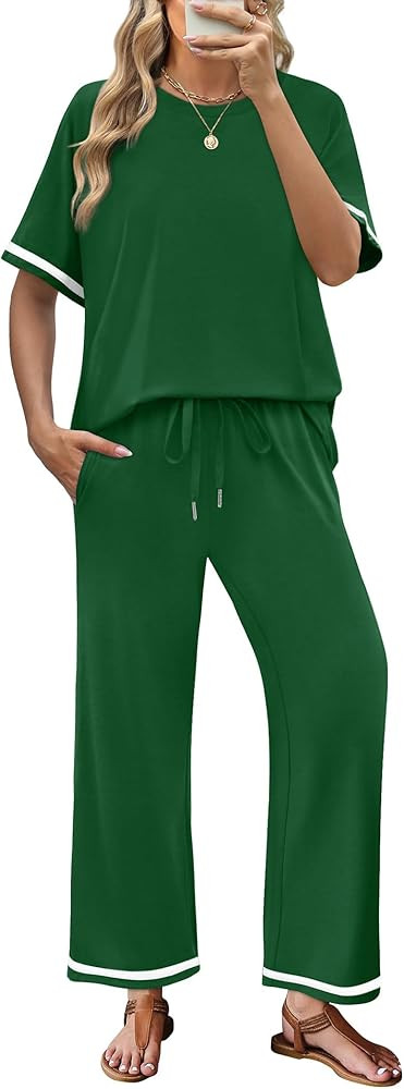 Sampeel 2 Piece Sets for Women Casual Summer Travel Vacation Outfits Short Sleeve Lounge Set | Amazon (US)