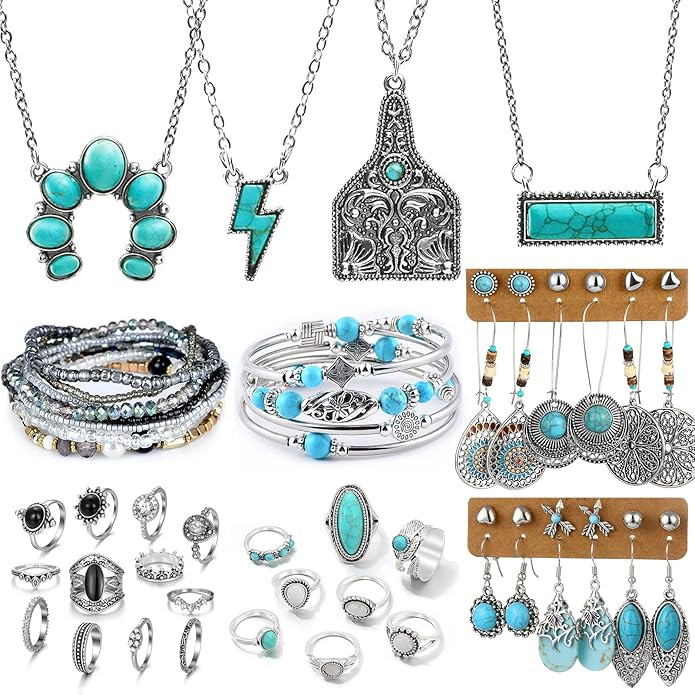 IFKM Bohemian Jewelry Set With Turquoise Necklace, Dangle Earrings, Stackable Bangle Bracelets, K... | Amazon (US)