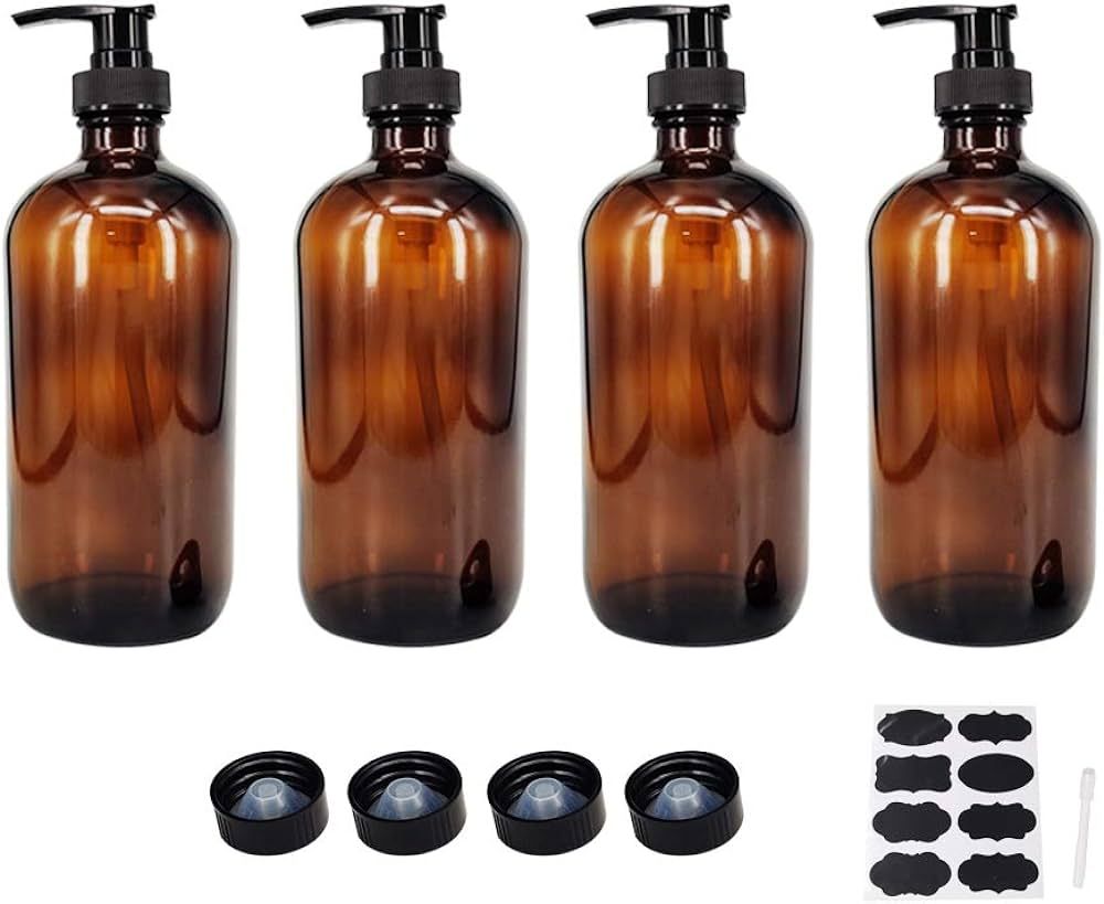 BPFY 4 Pack 16 oz Amber Glass Bottles with Pumps for Shampoo, Essential Oils, Cleaning Products, ... | Amazon (US)