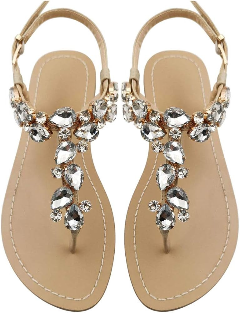 AIJIVOU Women's Rhinestone Flat Sandals, Women Flip Flops with Clip Toe RingBeadeed Rhinestone Cr... | Amazon (US)