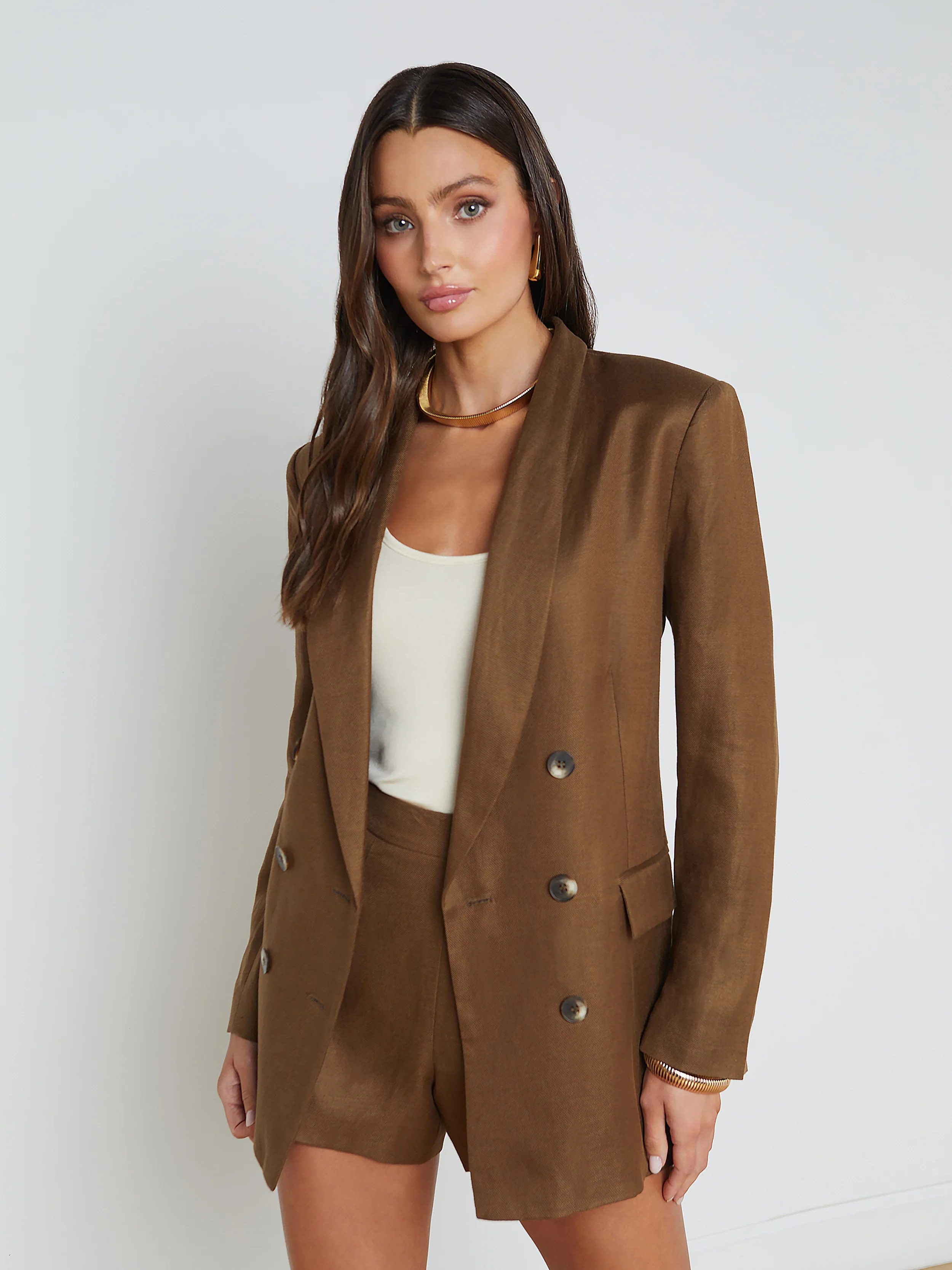 L'AGENCE - Jayda Oversized Linen-Blend Double-Breasted Blazer in Brown | L'Agence
