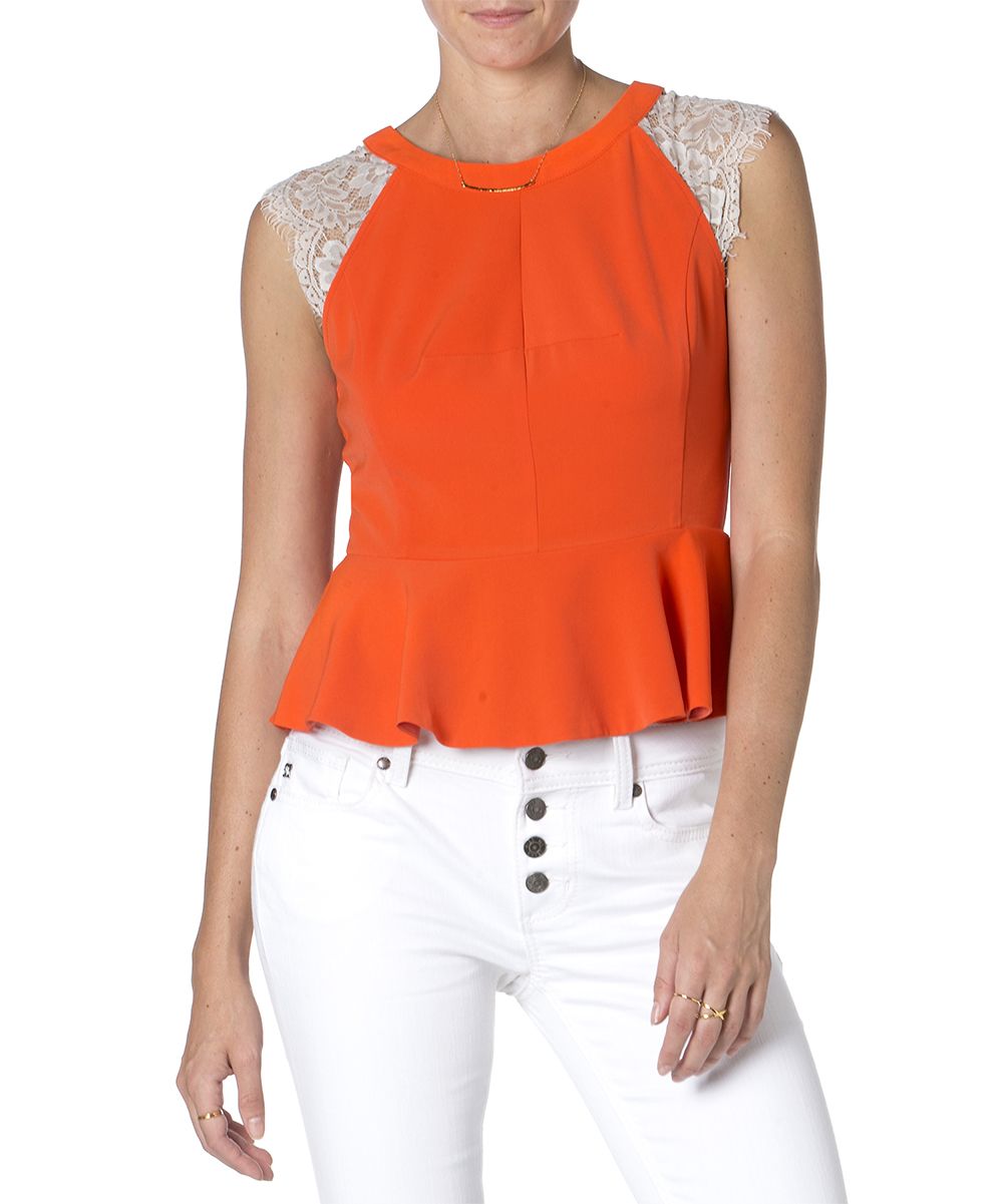 Miss Me Women's Blouses NEON - Neon Orange & White Lace Contrast Peplum Top - Women | Zulily