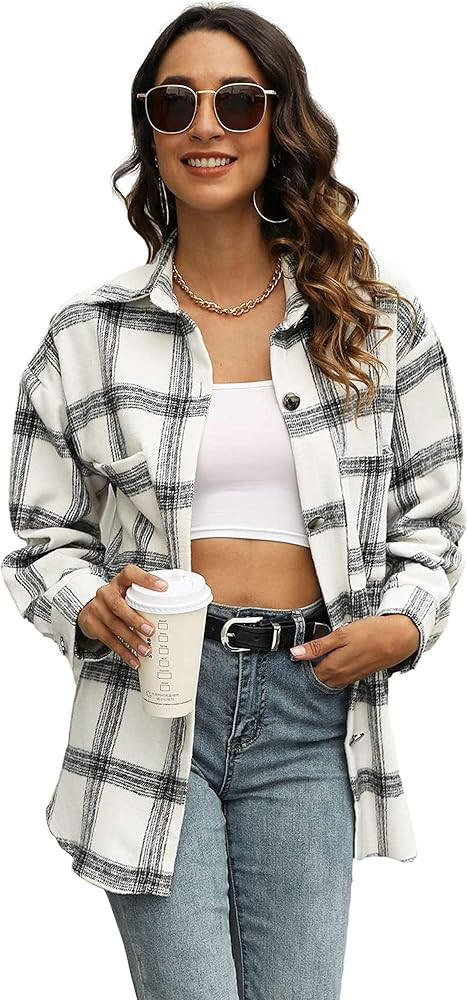 Yeokou Women's Vintage Plaid Flannel Brushed Wool Blend Button Down Shacket Shirts | Amazon (US)