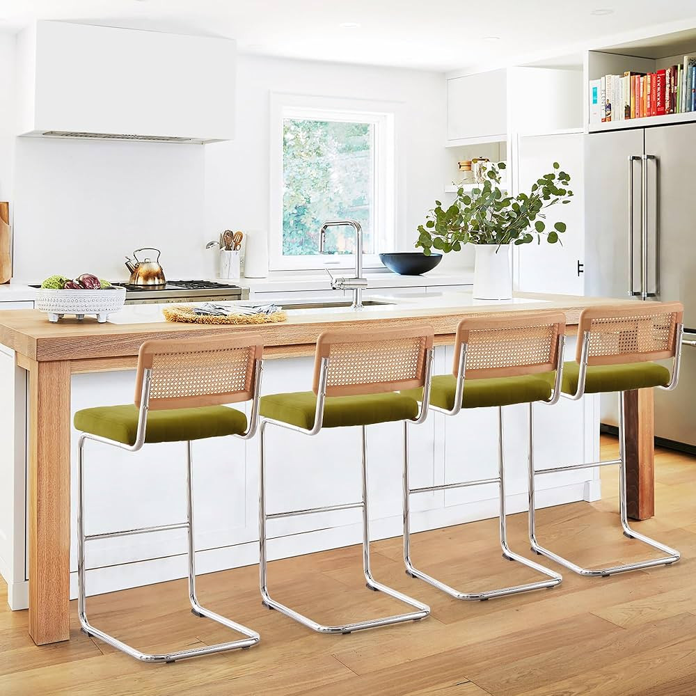 Counter Height Bar Stools Set of 4, 26" Rattan Counter Stool Velvet Upholstered Barstool with Can... | Amazon (US)