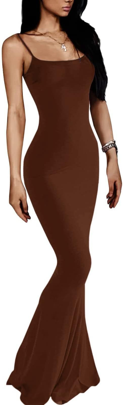 Spaghetti Strap Maxi Dress, Womens Sleeveless Sweet Bodycon Dress for Cocktail Party (M) Brown | Amazon (US)