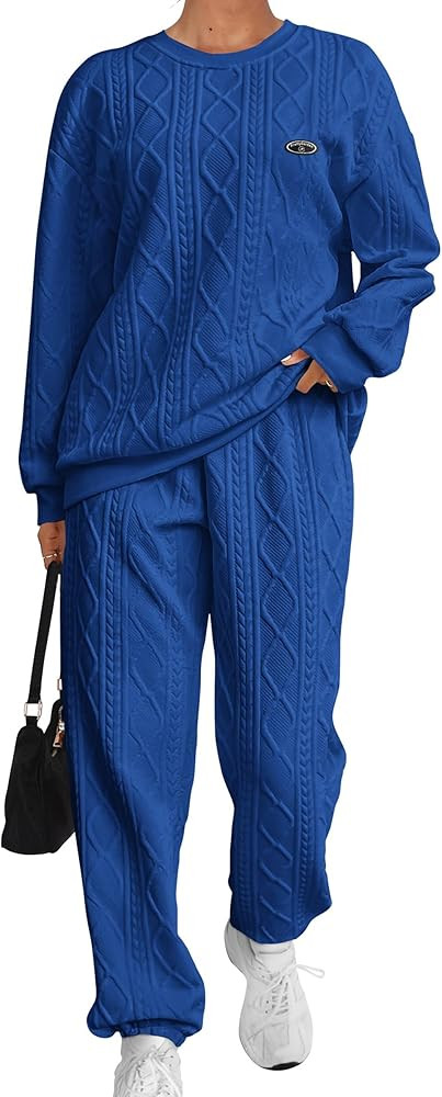 PRETTYGARDEN Women's Knit 2 Piece Outfit Long Sleeve Crewneck Sweatshirt High Waist Sweatpant Tra... | Amazon (US)