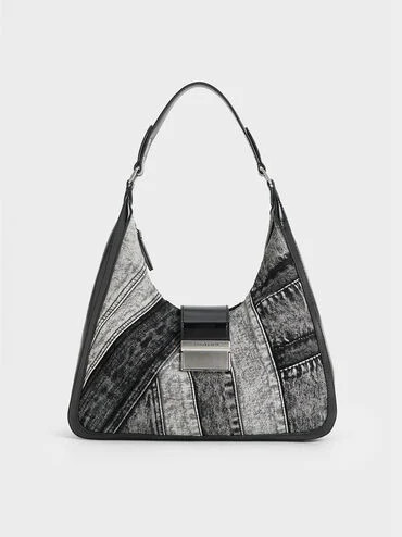Noir Charlot Patchwork Denim Hobo Bag | CHARLES & KEITH UK | Charles & Keith UK