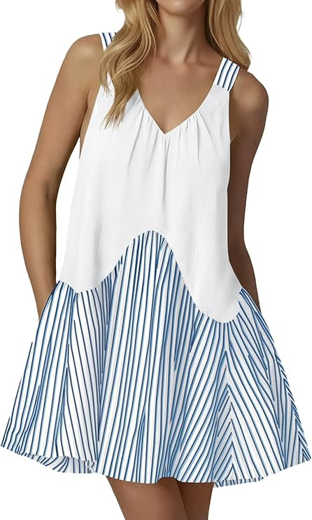Amazon.com: Fisoew Womens Sleeveless Tank Mini Dress Summer Casual V Neck Striped Patchwork A Lin... | Amazon (US)