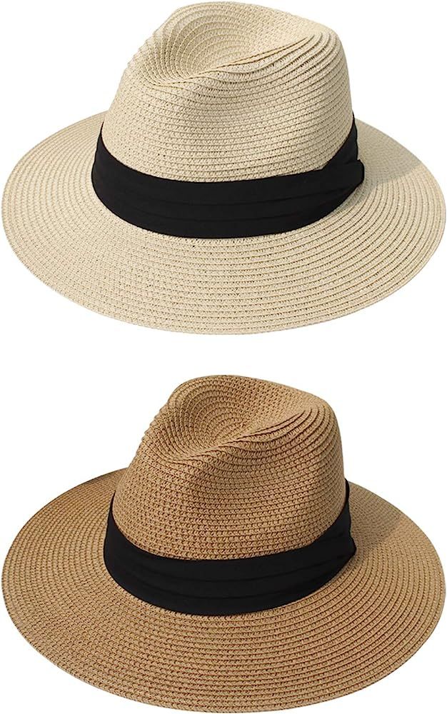 DRESHOW Women Straw Panama Hat Fedora Beach Sun Hat Vintage Headband Wide Brim Straw Roll up Hat ... | Amazon (US)