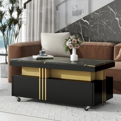 Modern Coffee Table Cocktail Table Center Table Sofa Table Side Table with Caster Wheels and Faux Marble Top, Black-ModernLuxe | Target