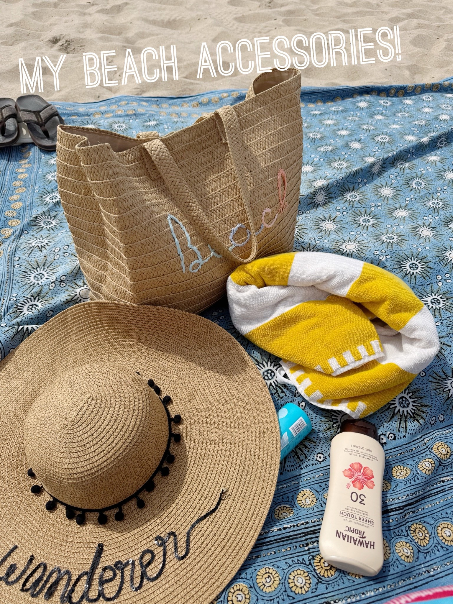 Beach day accessories! Straw beach bag, hat, colorful towel from H&M, sunscreen and my old tapestry from college days serves as a base on the sand.

#LTKdayinmylife #LTKTravel #LTKSwim