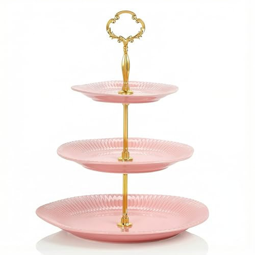 3 Tier Cupcake Stand Ceramic Cake Stand Wedding Dessert Tower, Tiered Serving Tray for Tea Party Afternoon Display Platter (Gold & Pink) | Amazon (US)