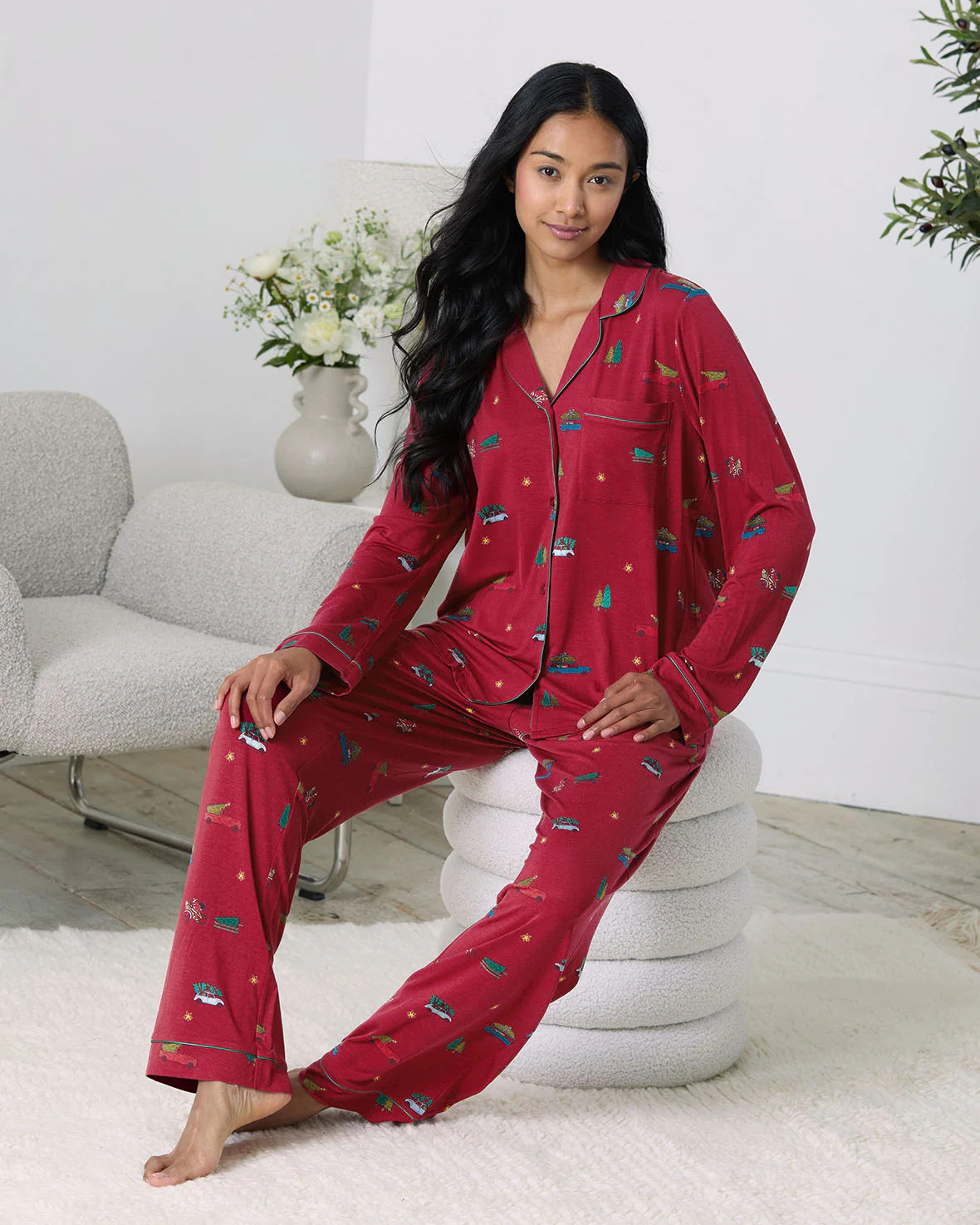 TENCEL™ Modal Christmas Tree Car Print Long Button Up Pyjama Set | Chelsea Peers NYC
