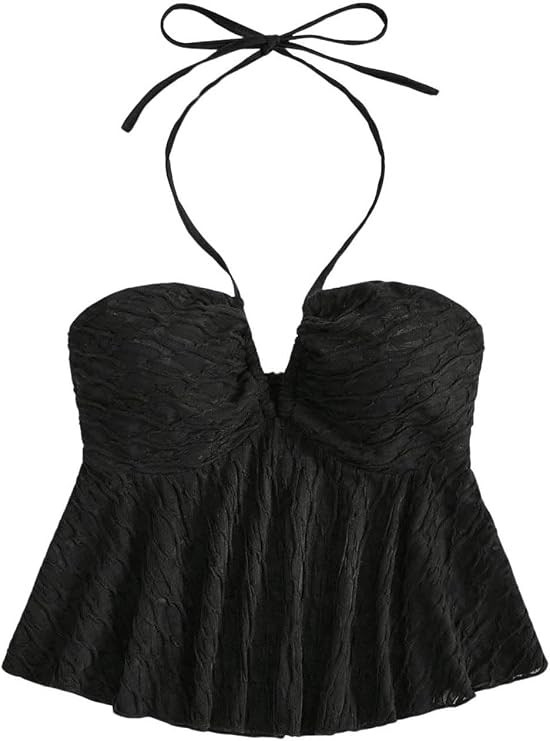 SHENHE Women's Tie Halter Neck Backless Ruffle Hem Sexy Peplum Crop Top Sleeveless Top | Amazon (US)