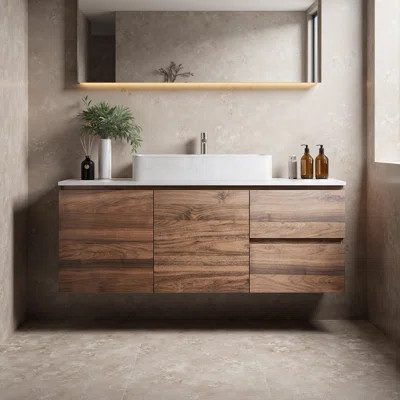 48" Modern Walnut 2-Door & 2-Drawer Wall-Mounted Single Bathroom Vanity | Wayfair North America