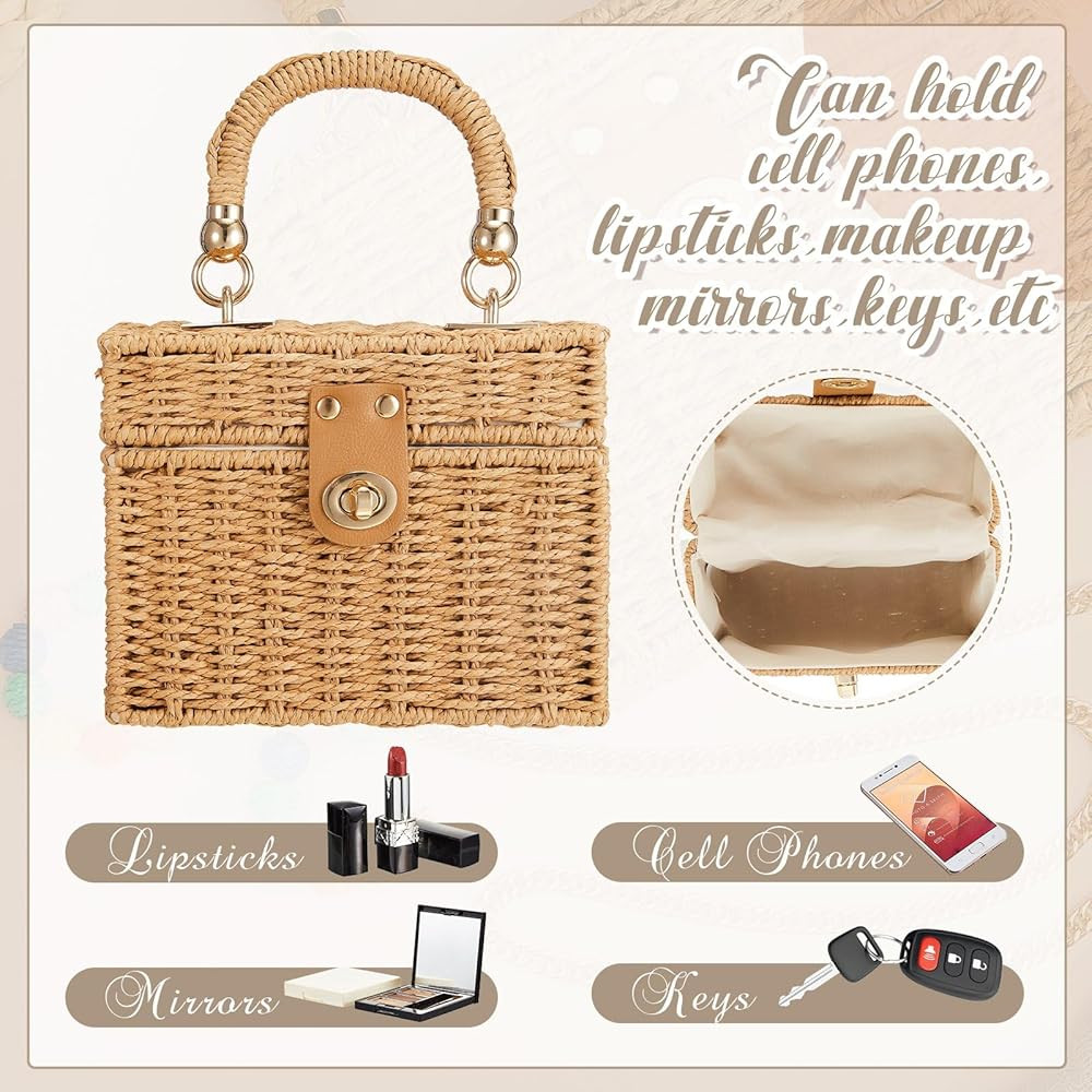 Aliceset Summer Boho Handwoven Rattan Vintage Purse with Rattan Earrings, Beach Straw Tote Bag wi... | Amazon (US)