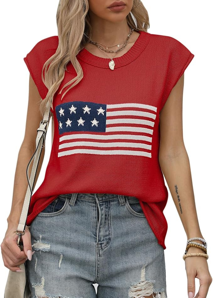 Womens American Flag Cap Sleeve Sweater Vest - Casual Crewneck US Flag Knitted Pullover Tank Tops... | Amazon (US)