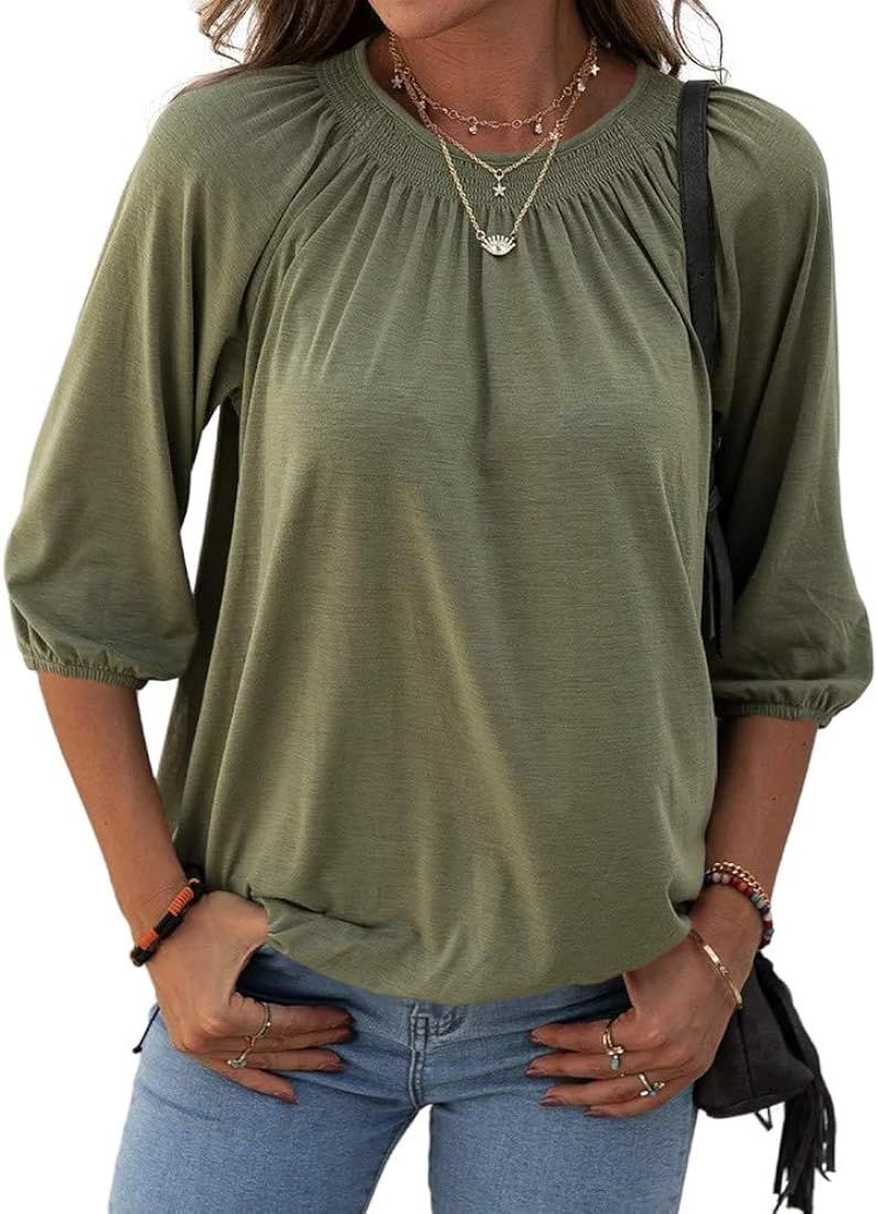 Grlasen Women's Solid Crew Neck T Shirt Blouse Cotton Half Sleeve 3/4 Sleeve Casual Loose Pleated Ba | Amazon (US)