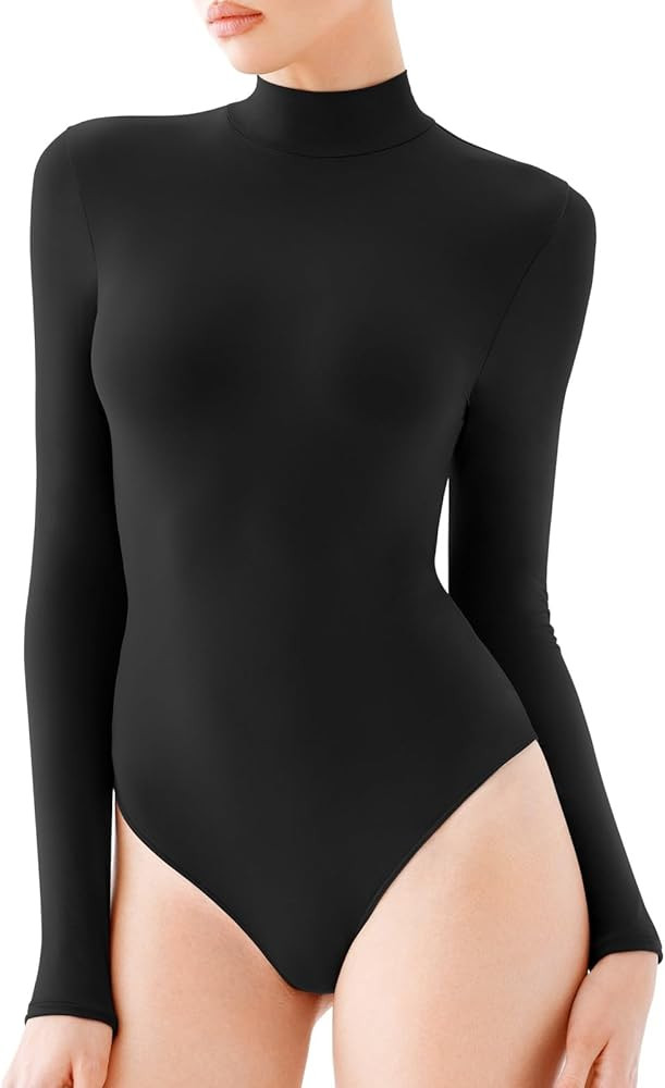 REORIA Women's Turtle Neck Long Sleeve Bodysuit Basic Slim Fit Double Lined Lightweight Layering ... | Amazon (US)