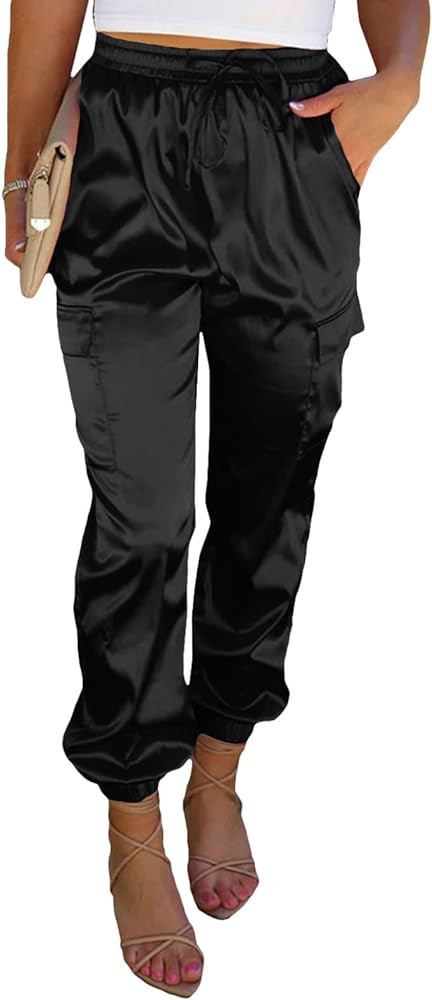 EVALESS Satin Joggers for Women Drawstring Elastic High Waist Straight Leg Cargo Pants Long Loung... | Amazon (US)