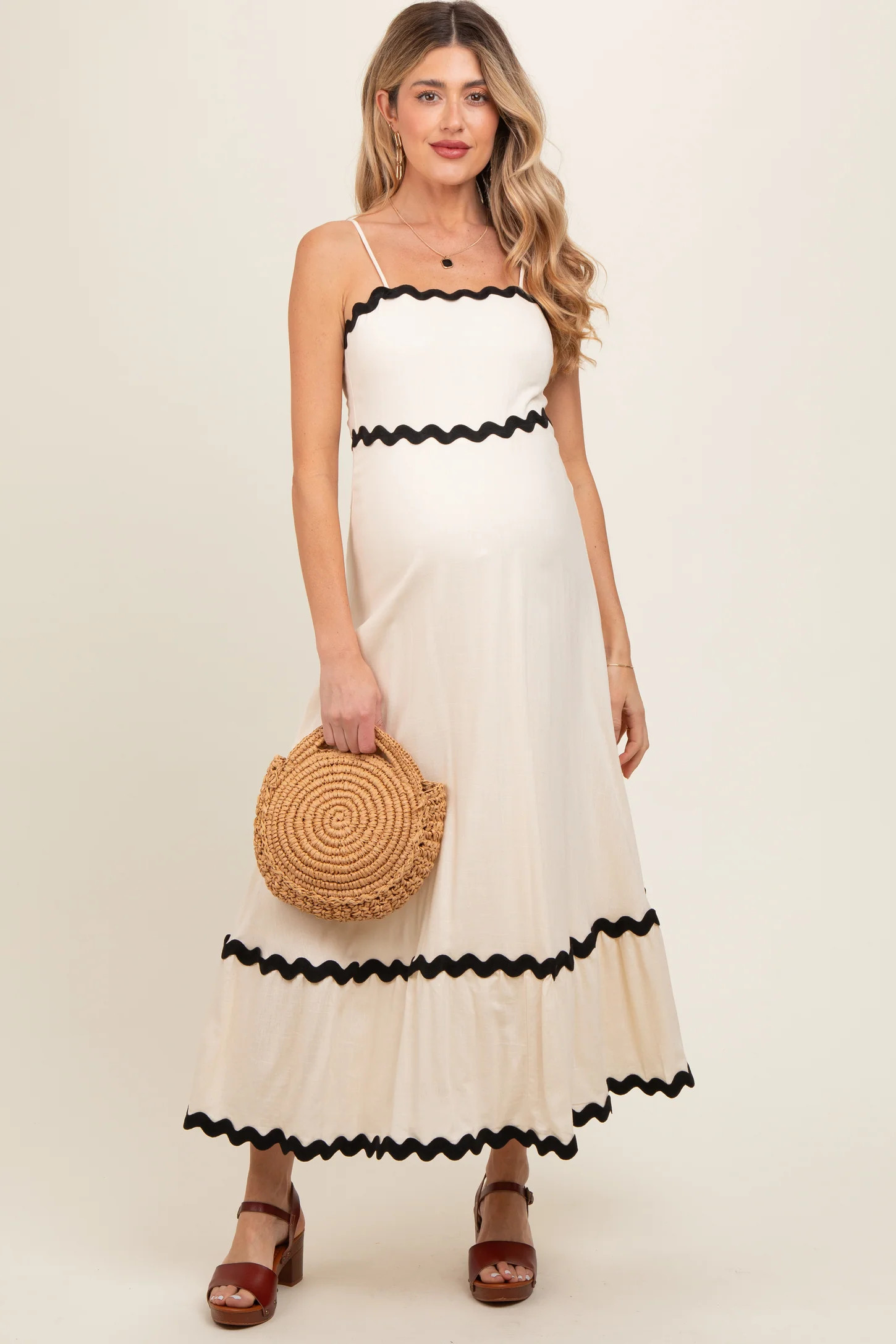 Beige Colorblock Trim Maternity Midi Dress | PinkBlush Maternity