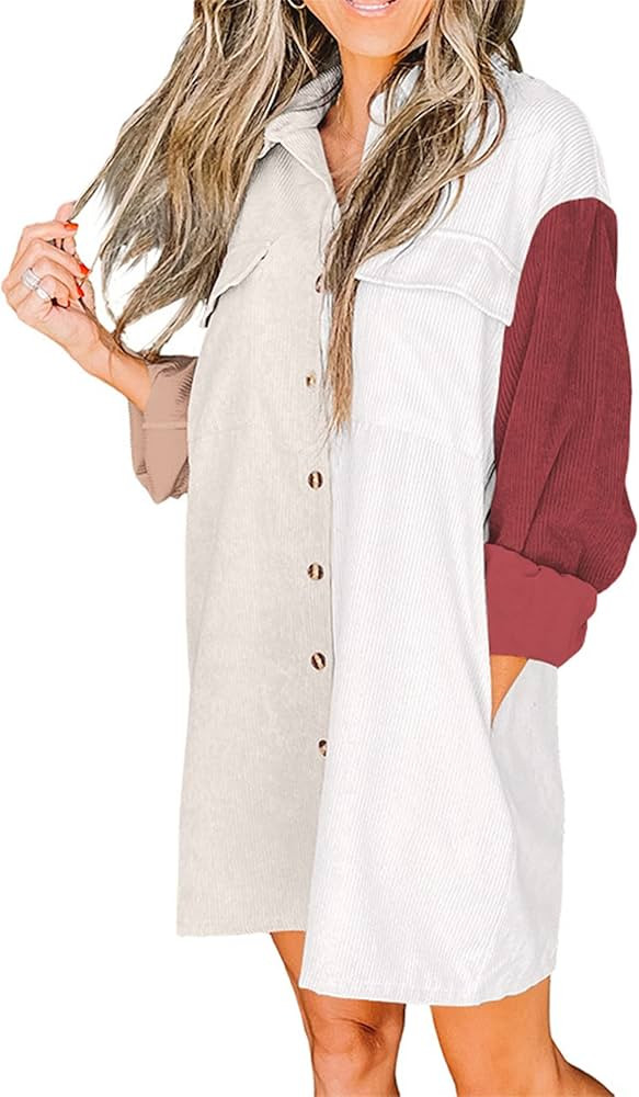 BTFBM Women's Corduroy Shacket Jacket Shirts Lapel Long Sleeve Pocket Oversized 2023 Spring Fall ... | Amazon (US)
