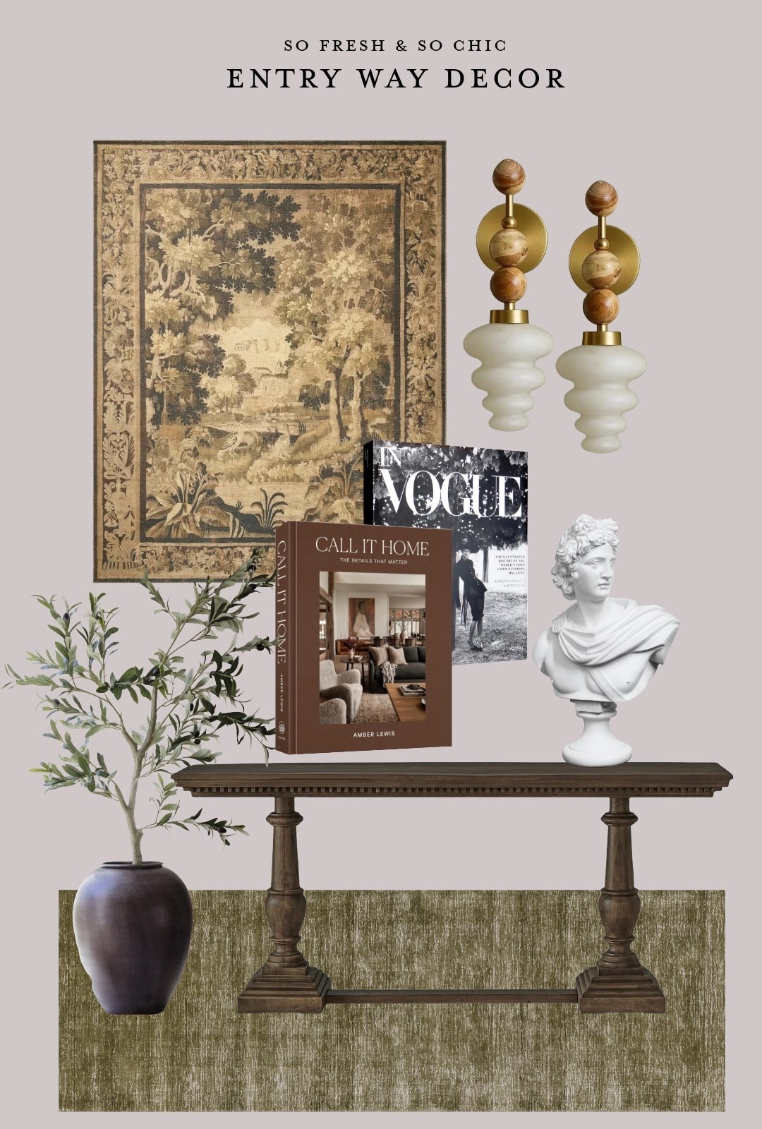 Entry way decor inspo!
-
Joon Loloi tapestry rug - neutral tapestry - neutral entryway decor - large Grecian bust - Amazon home finds - affordable home decor - bespoke large wall sconces - Etsy decor - Etsy wall sconce - Olive green rug - rugs USA sale rug - large wood console table - 70” console table wood all modern - faux olive tree afloral - coffee table books Amazon - eclectic entryway decor - holiday home decor 

#LTKHome #LTKSaleAlert #LTKFindsUnder100