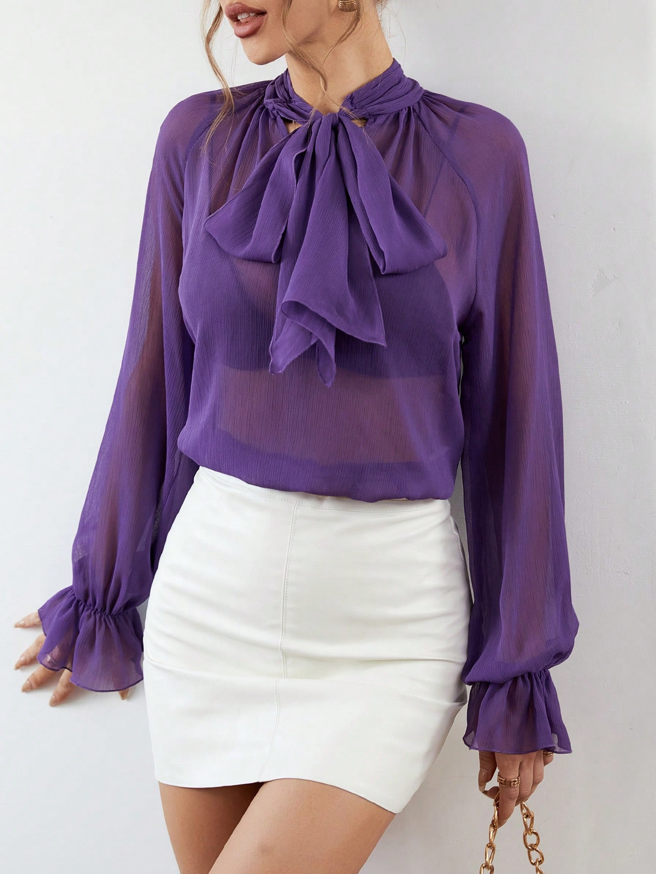 SHEIN Privé Tie Neck Flounce Sleeve Blouse Without Bra | SHEIN