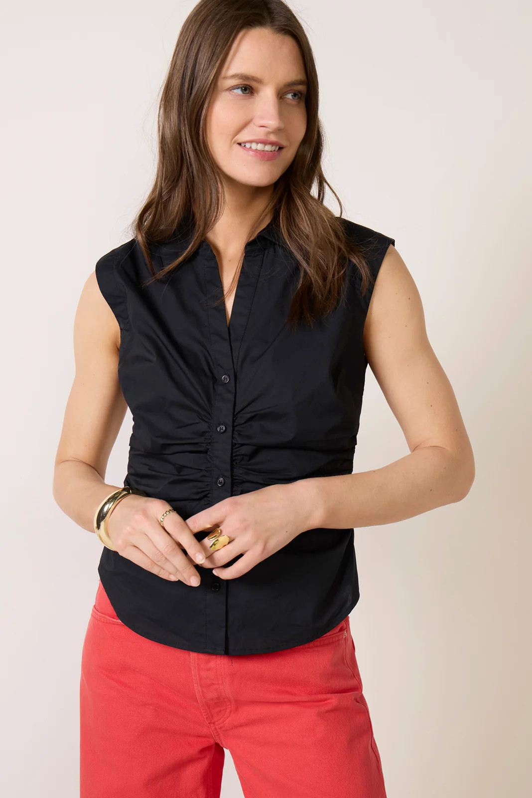 EVEREVE Women's Willa Waist Gathered Shirt, Size Medium, Black | Evereve