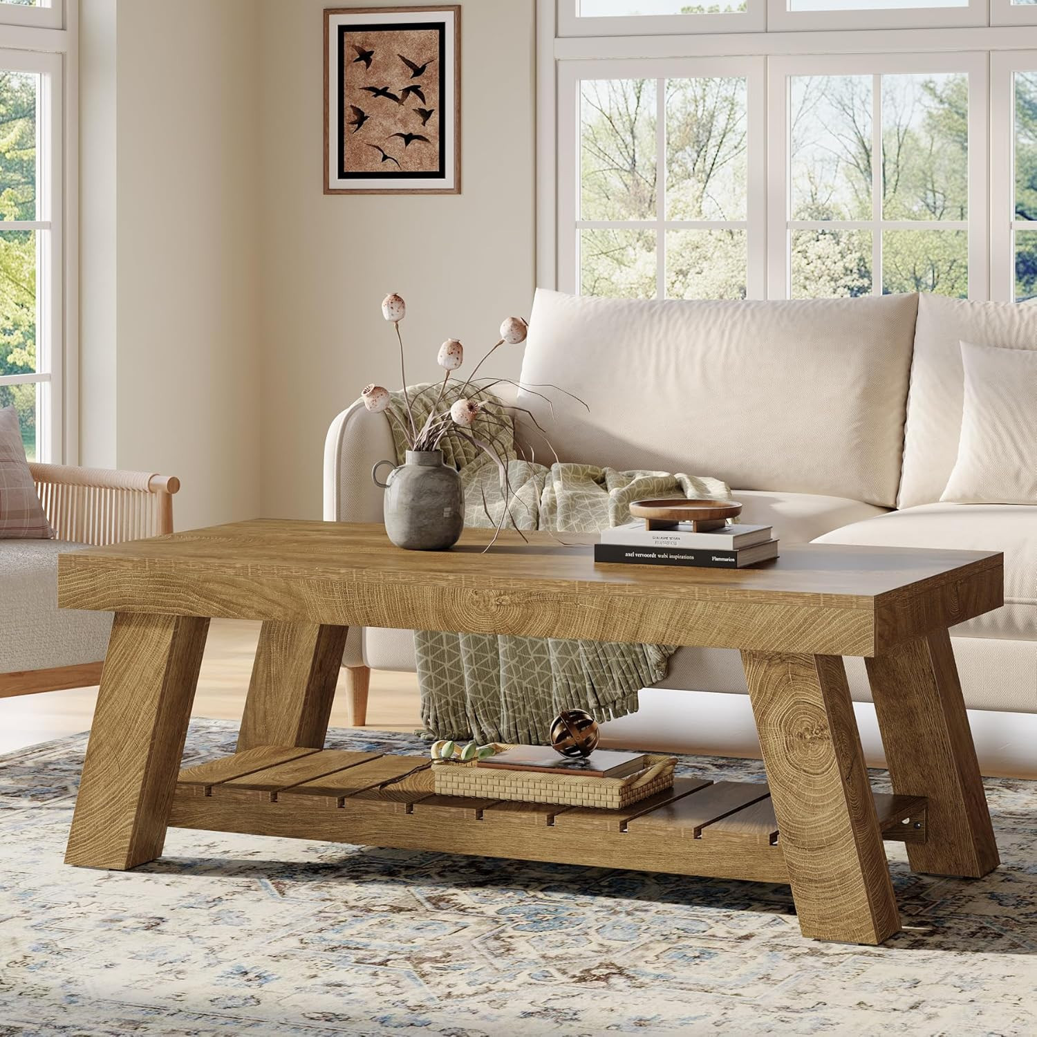 Tribesigns Rectangular Coffee Table 47.24 inches Farmhouse Wood Center Tables for Living Room 2 Tiers Rustic Accent Table with Storage Shelves for | Lowe's