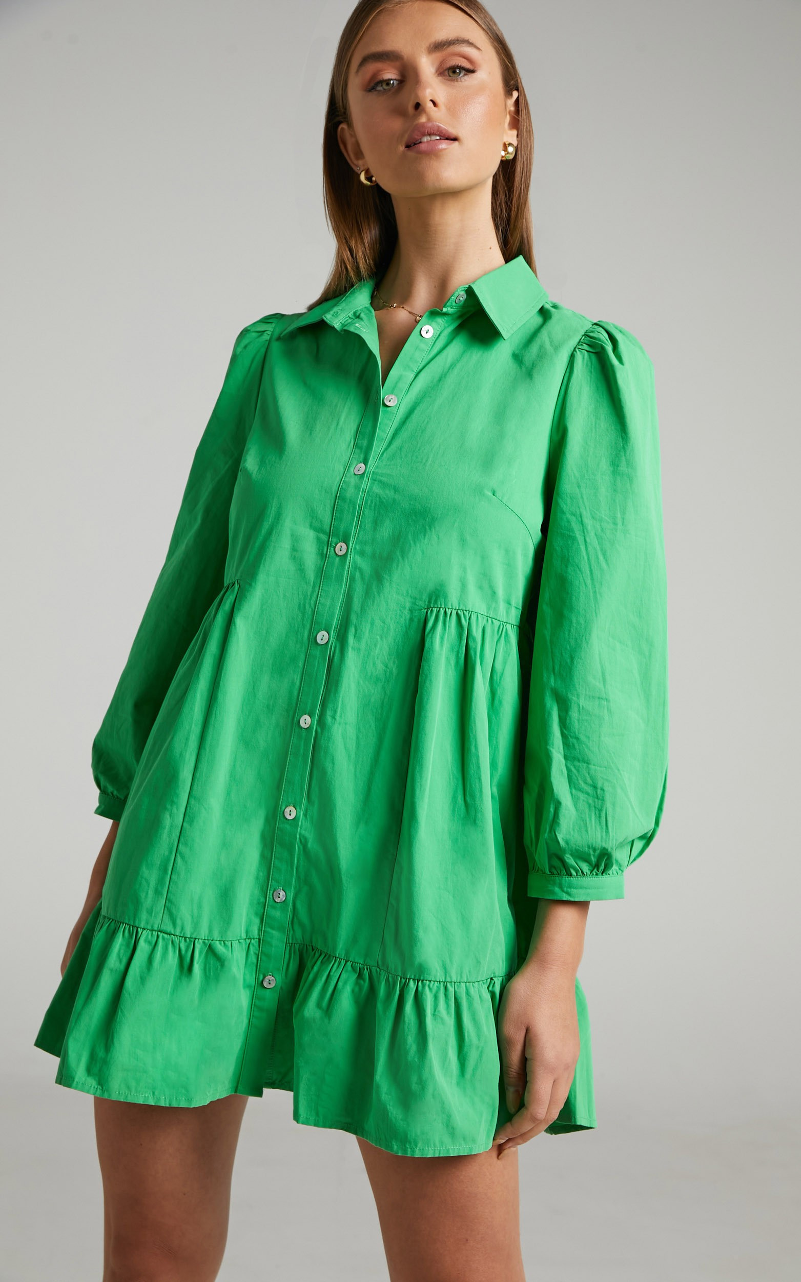 Maulee Frill Hem Mini Shirt Dress in Green | Showpo (ANZ)