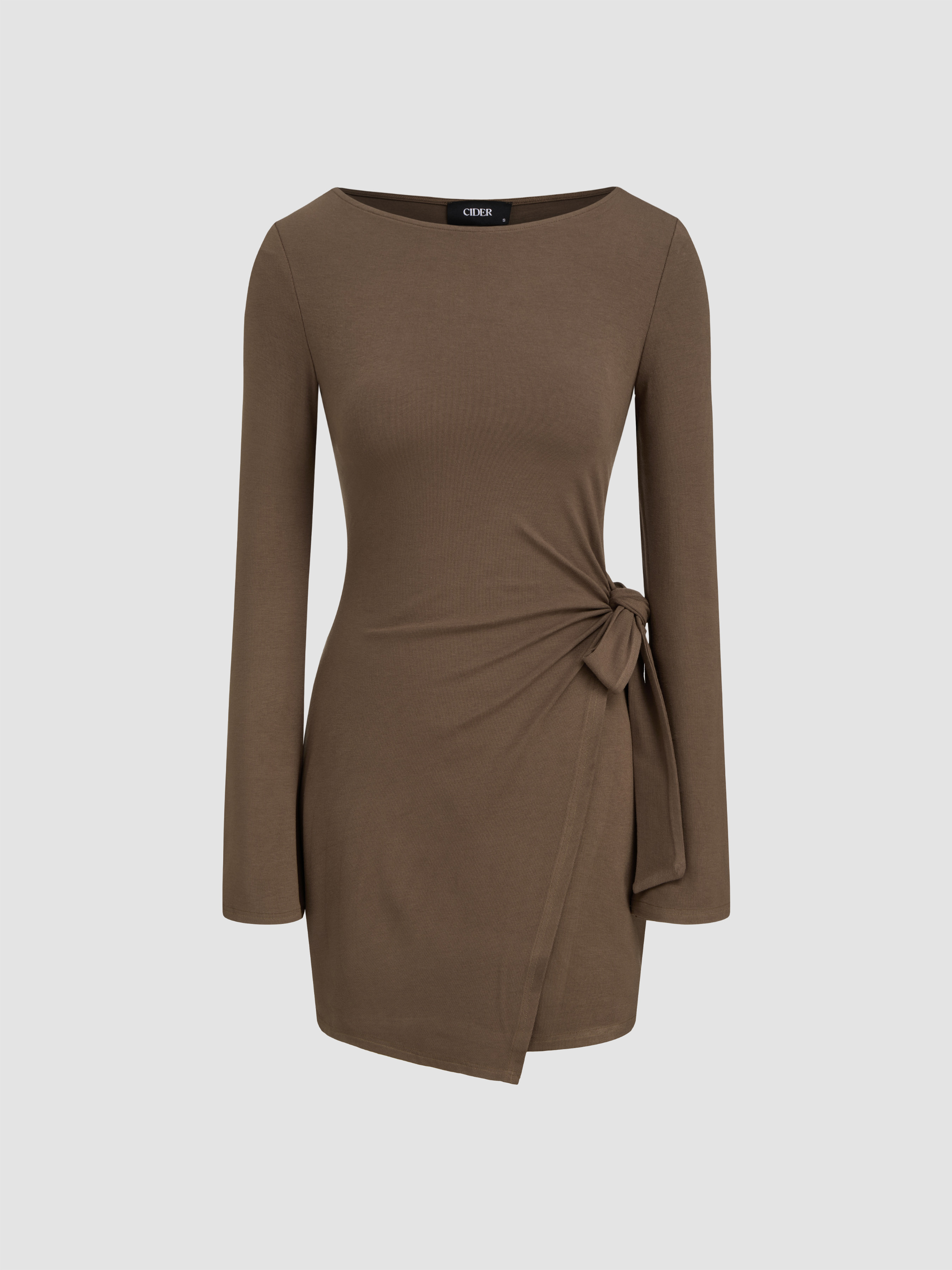 Knit Fabric Boat Neck Solid Knotted Wrap Long Sleeve Mini Dress For Work | Cider