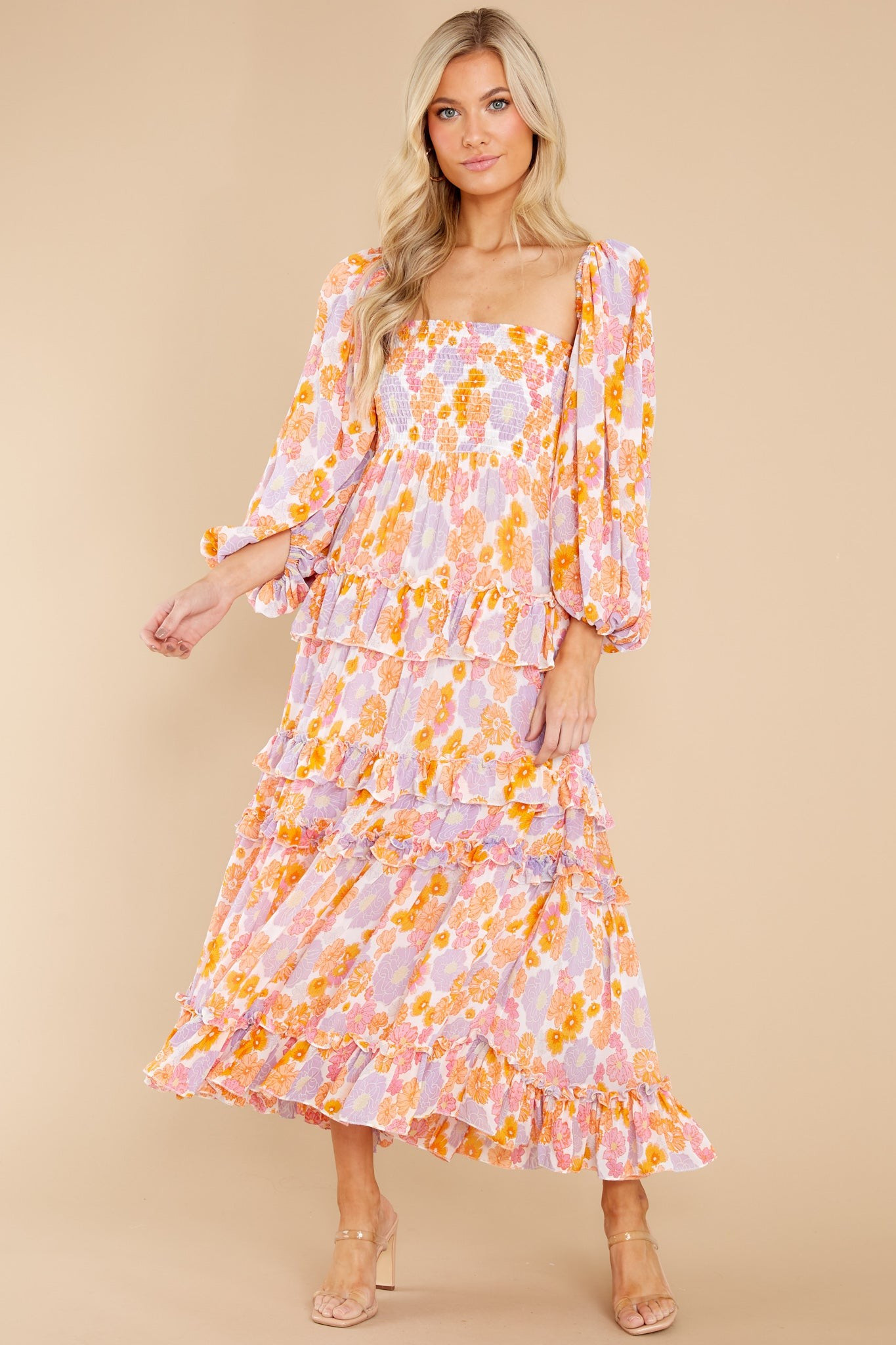 Lourdes Digital Flowers Long Dress | Red Dress 