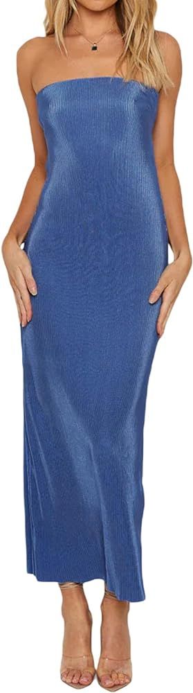 Biayxms Sexy Women Casual Tube Long Dress Strapless Off-Shoulder Hollow Out Skinny Slit Maxi Dres... | Amazon (US)