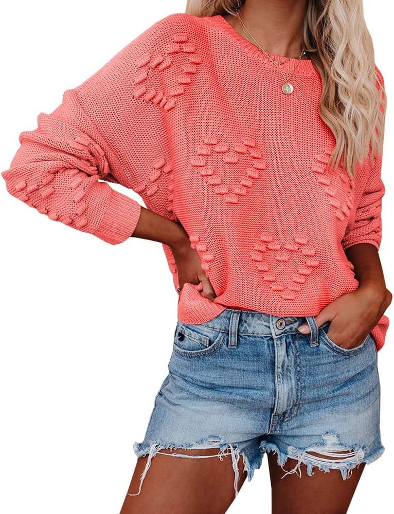 Tutorutor Womens Cute Heart Love Print Sweater Tops Oversized Crew Neck Dot Ball Loose Knitted Sprin | Amazon (US)