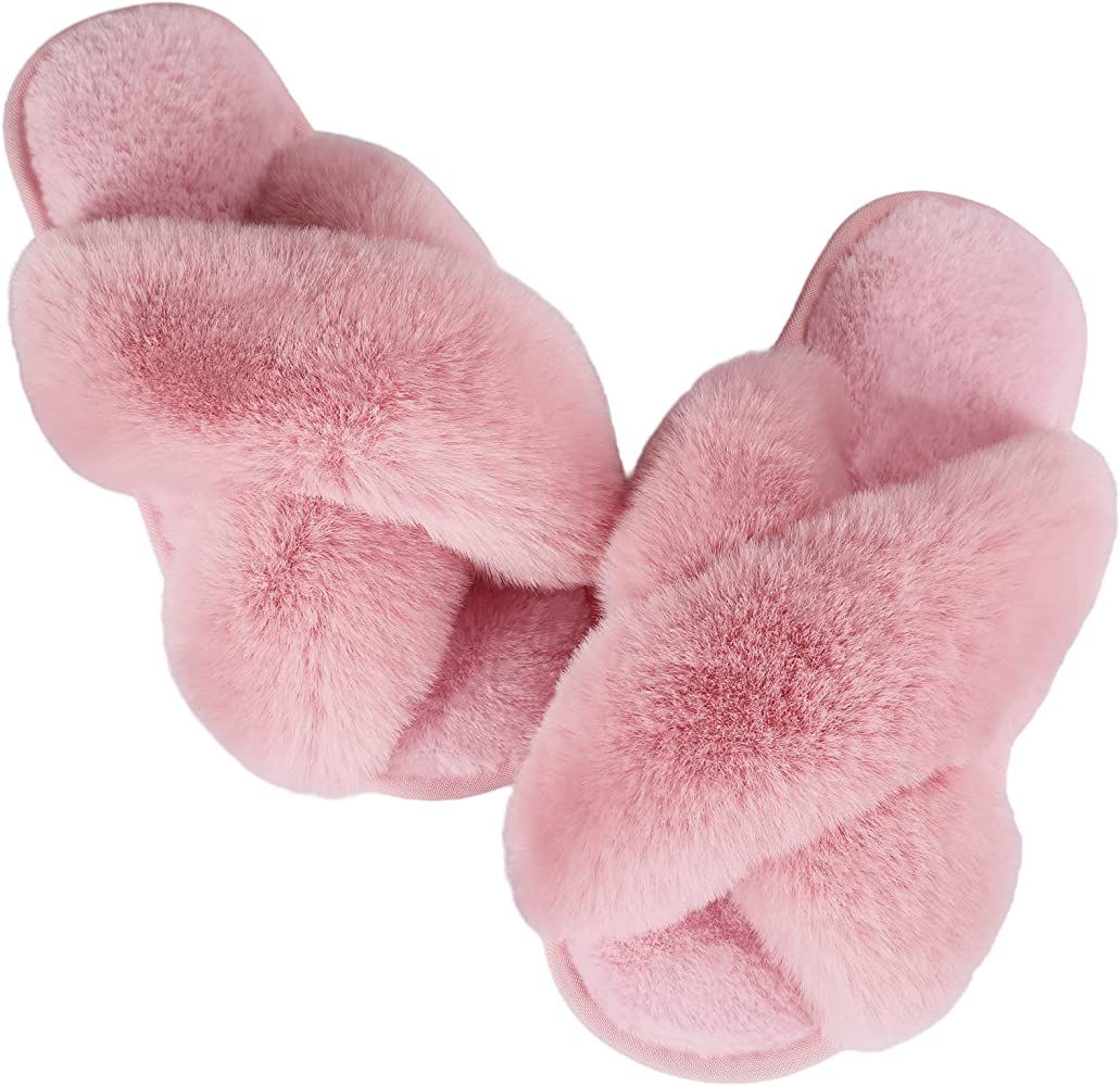 Womens Fuzzy Fluffy House Slippers - Ankis Cross Band Cozy Memory Foam Slippers Plush Home Slippers  | Amazon (US)