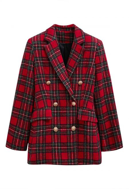 Red Tartan Double-Breasted Blazer | Chicwish
